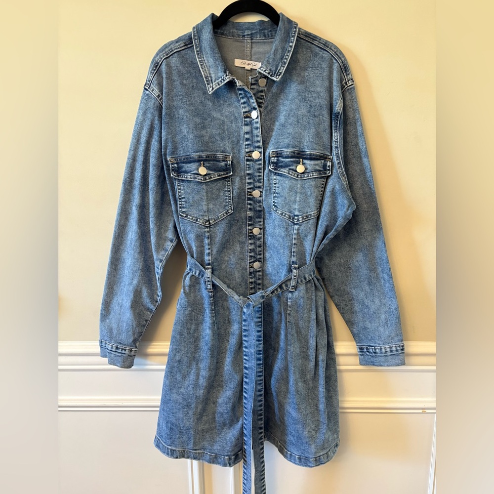 ARULA Light Blue Denim Shirt Dress with Tie Belt